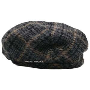 Miu Miu MIU 5HC075 1V7U Logo Embroidered Virgin Wool Beret Hat, Size Small, G...